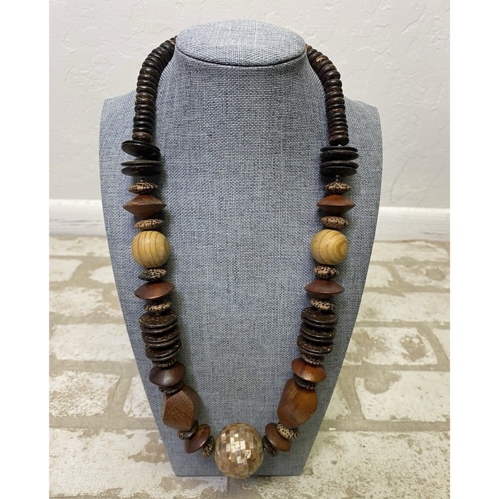 Vintage Chunky Wooden Statement Necklace Hoho Hippie Beaded Tribal Shell Pendant